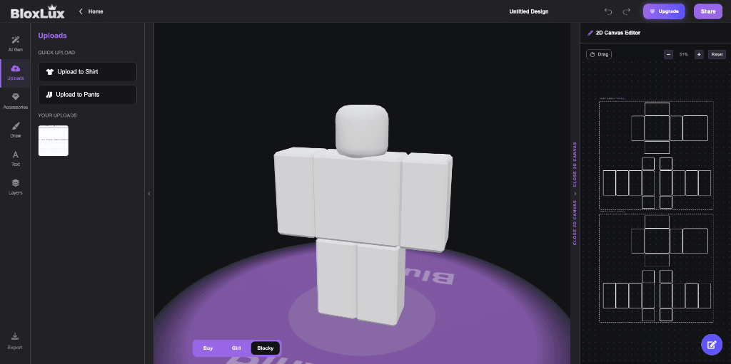 BloxLux Online Fullbody Editor interface showing 3D avatar on left and 2D canvas editor on right