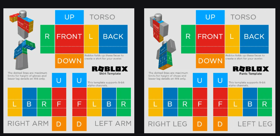Official Roblox Shirt and Pants Template showing UV fold faces for Torso, Arms, and Legs